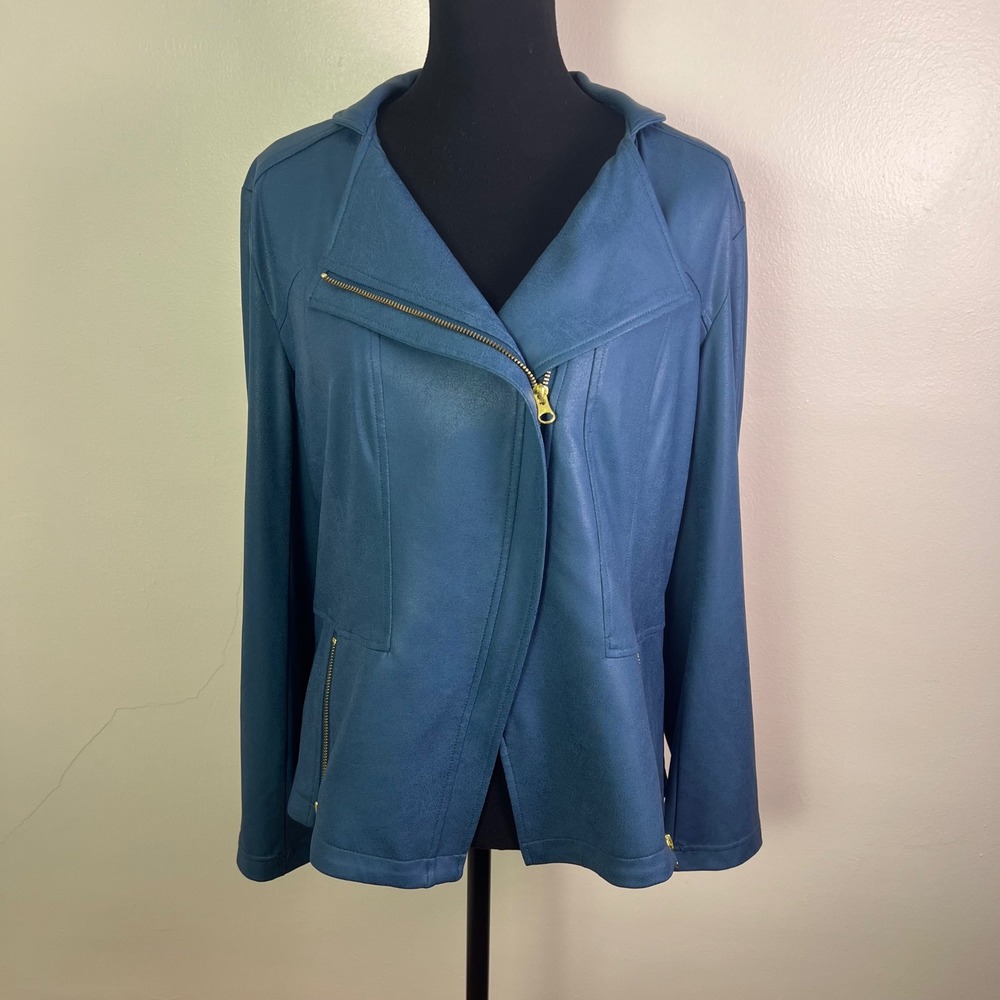 Clara Sunwoo Liquid Leather Moto Jacket XL Peacock Asymmetrical Zip Stretch